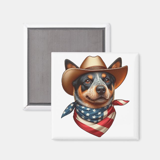 Hund Wearing a Hat and American Flagga Bandana Magnet (Front/Back)