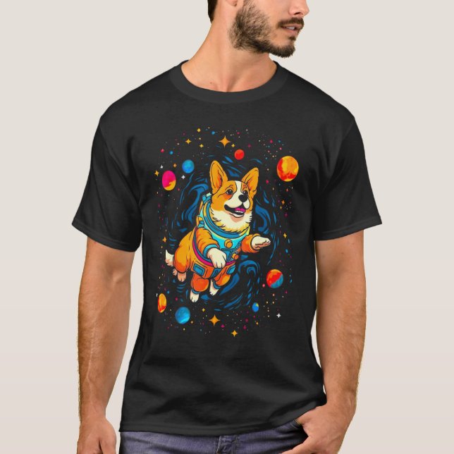 Hund Welsh Corgi Kosmos Planet T Shirt (Framsida)