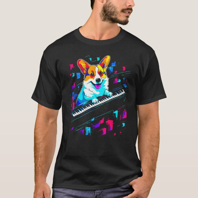 Hund Welsh Corgi Piano T Shirt (Framsida)
