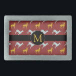 Hund Year Zodiac Birthday Monogram Bälte Buckle<br><div class="desc">Anpassade bälte låsbeslag med blått och gult hundar mönster på mörkens röda bakgrund   svart märkre för Monogram framtill. Du kan enkelt ändra monogram och lägga till text (teckensnitt,  färg,  storlek och placering) genom att klicka på knappen Anpassa. Perfekt för kinesiska nyår av Hund eller födelsedag (människor födda i Hund).</div>