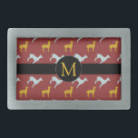 Hund Year Zodiac Birthday Monogram Bälte Buckle<br><div class="desc">Anpassade bälte låsbeslag med blått och gult hundar mönster på mörkens röda bakgrund   svart märkre för Monogram framtill. Du kan enkelt ändra monogram och lägga till text (teckensnitt,  färg,  storlek och placering) genom att klicka på knappen Anpassa. Perfekt för kinesiska nyår av Hund eller födelsedag (människor födda i Hund).</div>