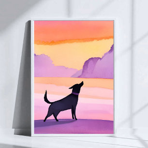 Hund ylar Svart Hund Vattenfärg Silhuett Konst Poster