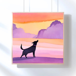 Hund ylar Svart Hund Vattenfärg Silhuett Poster