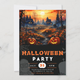 Hundad House Full Moon Pumpkins Black Halloween Inbjudningar