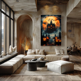 Hundad mansion Halloween med Jack-O'-Lanternor Poster