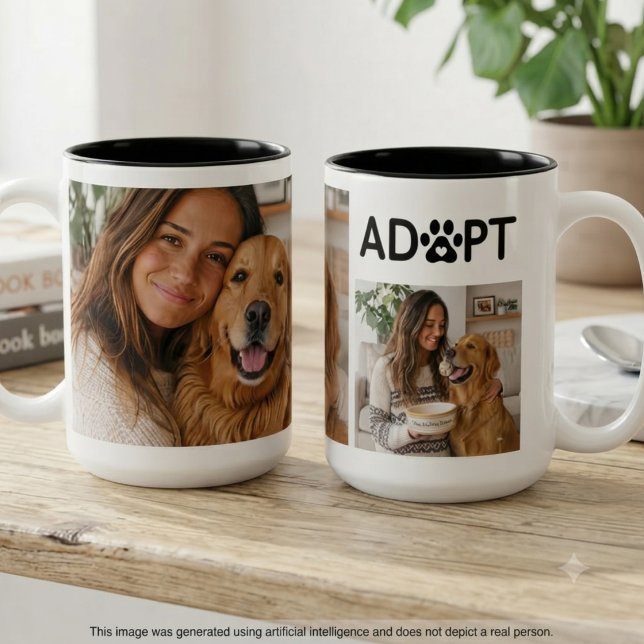 Hundadoption fotokollage Två-Tonad mugg (Two photos of a woman and her dog displayed on a coffee mug for a special Gotcha Day celebration.)