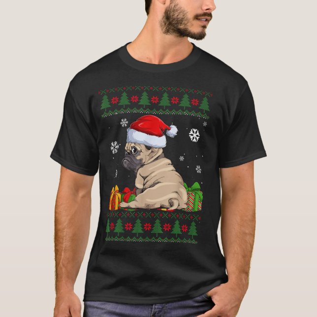 Hundälskare Pug Santa Hat Ugly jul Sweater T Shirt (Framsida)