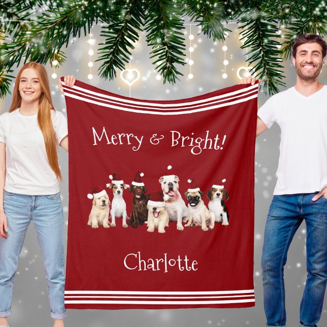 Hundälskare Röd jultomte med Namn Fleecefilt (Cute Dogs Red Christmas Blanket With Name)