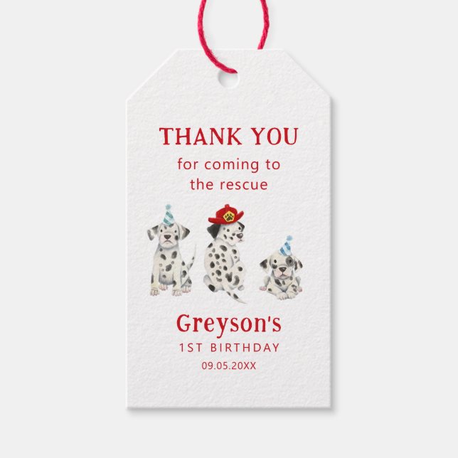 Hundar Boy Födelsedagsfest Rädding Firefighter  Presentetikett (Framsidan)