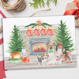 Hundar Cats Puppies Kittens Fireplace jul Holi Julkort