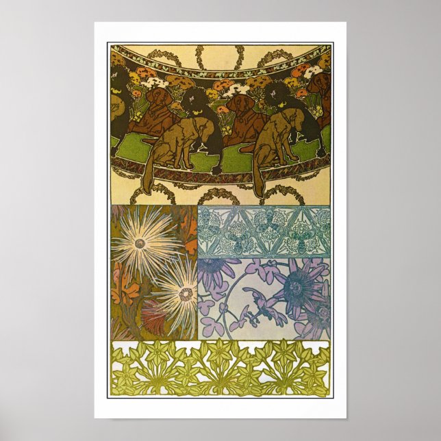 Hundar & Flowers of Art nouveau Stil, Mucha Poster (Framsidan)