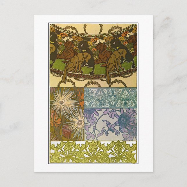 Hundar & Flowers of Art nouveau Stil, Mucha Vykort (Framsida)