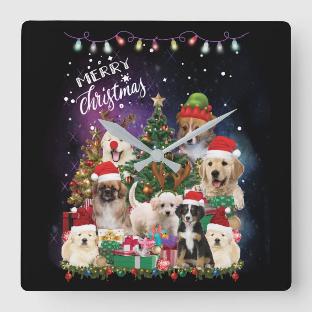 hundar God jul Light Fyrkantig Klocka (Framsida)