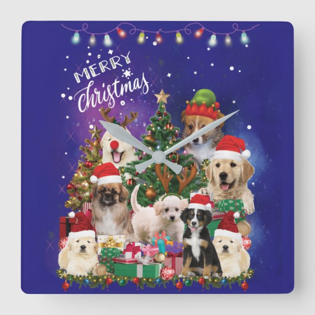 hundar God jul Light Fyrkantig Klocka (Framsida)