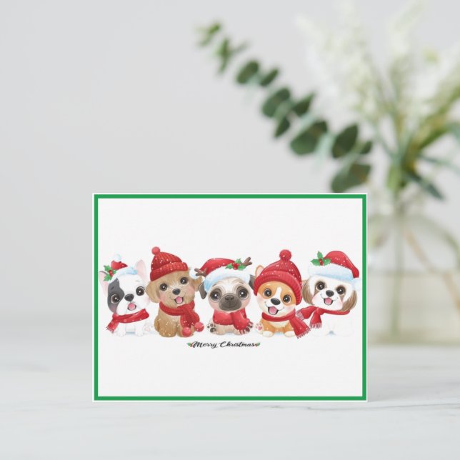 Hundar i Santa Hats Animals Puppies Modern Grönt Helg Vykort (Stående Fram)