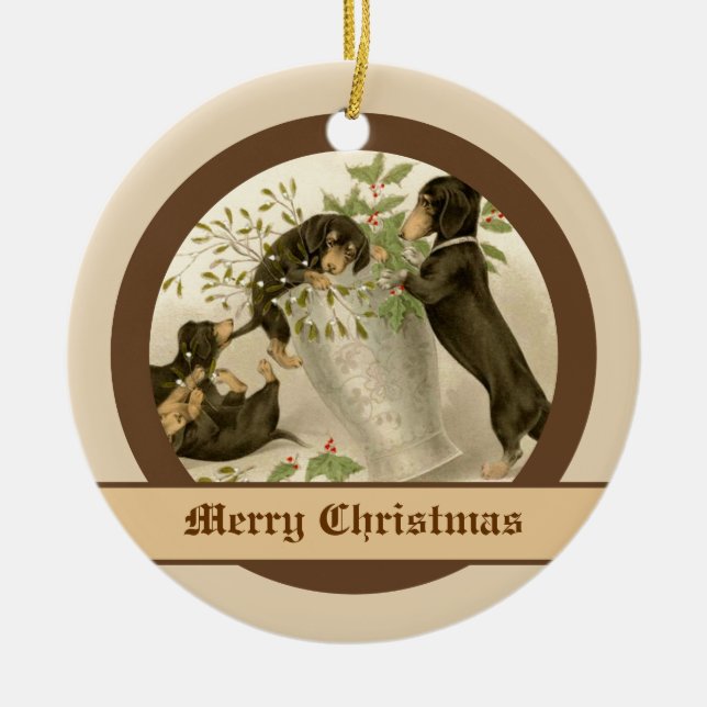 Hundar leker med jultomte och heliga bär julgransprydnad keramik (Framsidan)