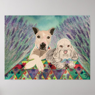 Hundar med vätska i lavender fält poster