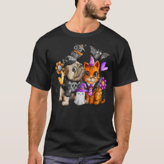 Hundar Mopsar och söta katt Halloween Katt Hund T- T Shirt