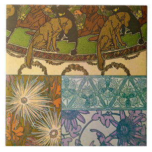 Hundar och blommor från Art nouveau Stil, Mucha Kakelplatta