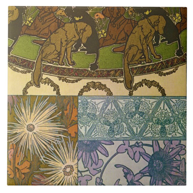 Hundar och blommor från Art nouveau Stil, Mucha Kakelplatta (Framsidan)