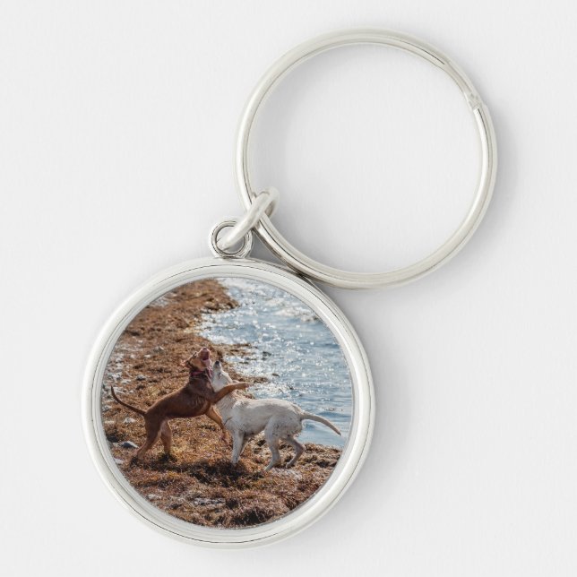 Hundar på stranden rund silverfärgad nyckelring (Framsidan)