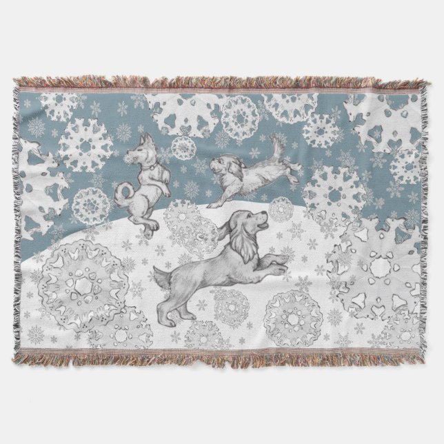 Hundar & Snöflingor Blue White Winter-Roligten - j Filt (Framsidan)