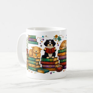 Hundar som läser böcker mysig biblioteks scen kaffemugg