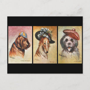 Hundar, tecknad triptych vykort
