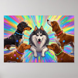 Hundar Valpar med regnbågsbakgrund Poster