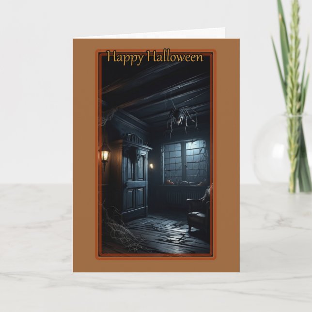 Hundat hus med Giant Spider Halloween-kort Kort (Framsida)