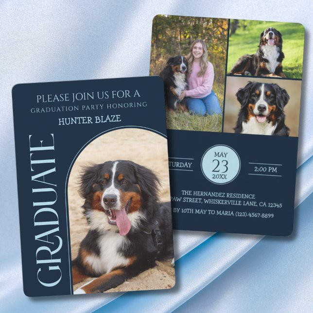 Hundfest Djur Fotos Marinblå Examen Inbjudningar (Dog Graduation Invitation cards)