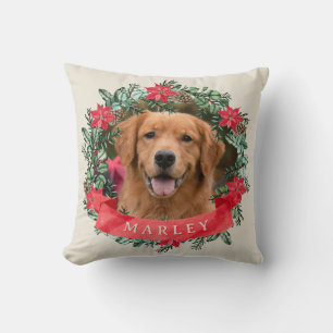 Hundfoto och namn Poinsettia Krans Jul Plaid Kudde
