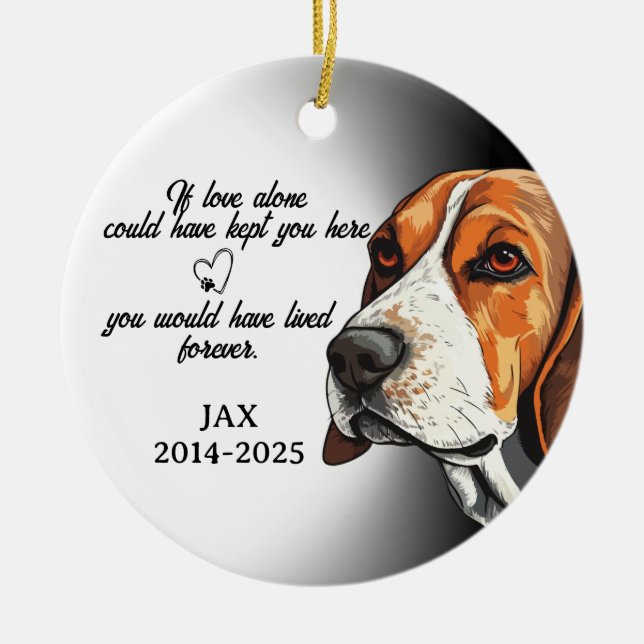 Hundfotoornament, Hundminne, Beagle. Julgransprydnad Keramik (Framsidan)