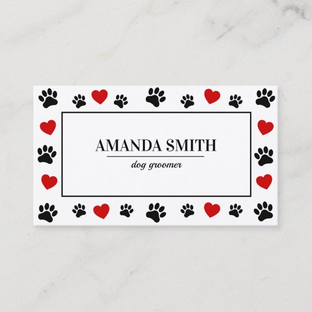 Hundfrisör Affärs Kort med Paw & Heart Prints (Framsida)