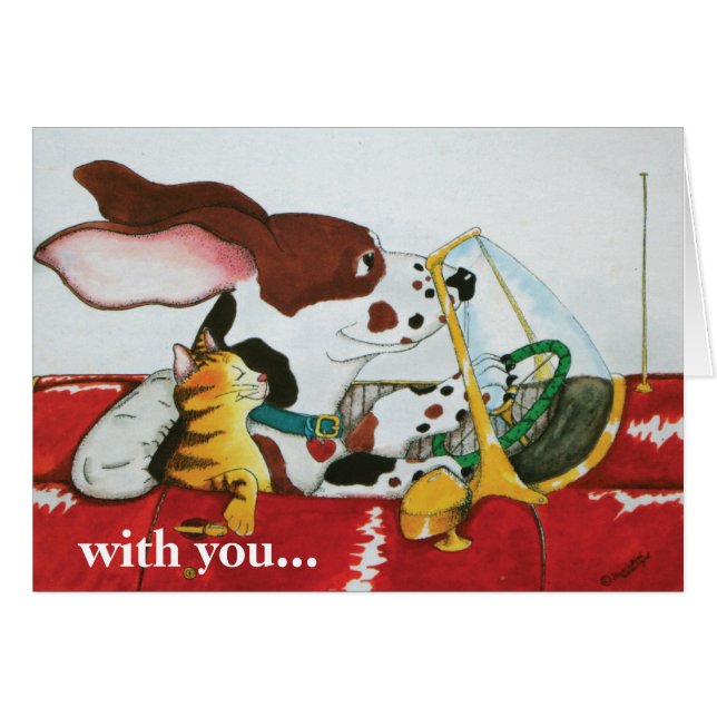 Hundkatt i cabriolet hälsningskort (Framsidan Horizontal)