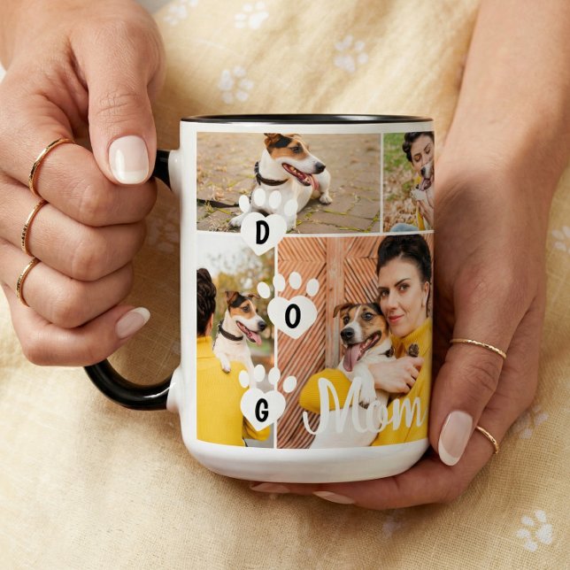 Hundmamma Modern Minimal Pet Foto Collage Fotavtry Mugg (Dog Mom Modern Minimal Pet Photo Collage Paw Print Mug)