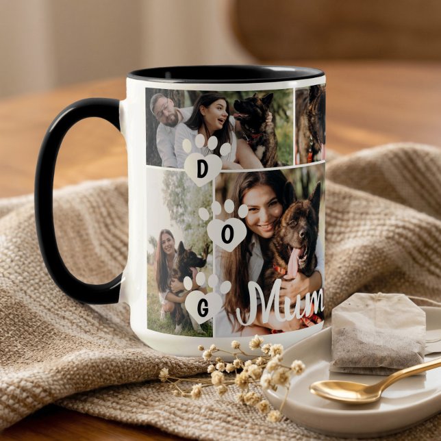 Hundmamma Modern Minimal Pet Fotokollage Fotavtryc Mugg (Dog Mum Modern Minimal Pet Photo Collage Paw Print Mug)