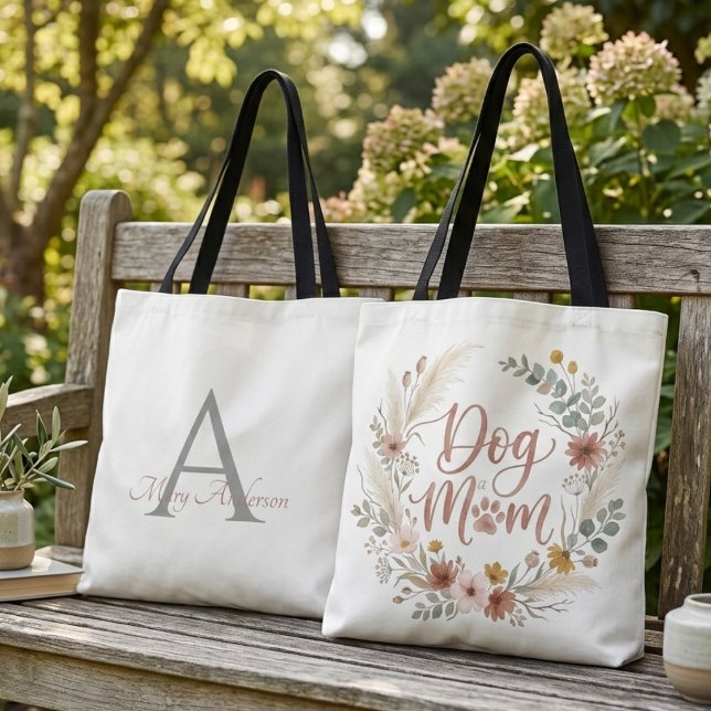 Hundmamma Räddningsförespråkare Boho Blommig Krans Tygkasse (Boho floral dog mom tote bag — a sweet birthday gift idea for rescue animal lovers.)