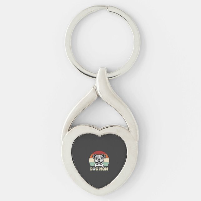 Hundmamma Retro Bulldog Vector Twisted Heart Silverfärgad Nyckelring (Framsidan)