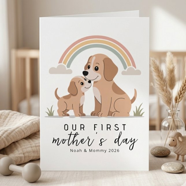 Hundmamma Valp Första Mors Dag Pastell Regnbåge Kort (Skapare uppladdad)