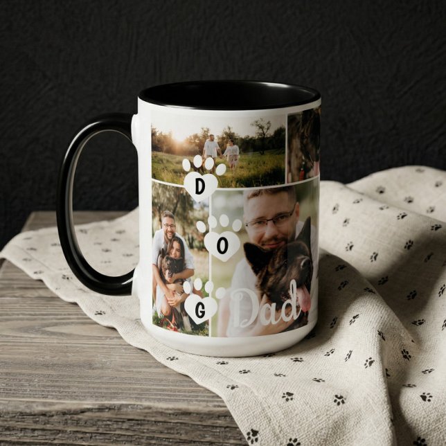 Hundpappa Modern Minimal Pet Foto Collage Fotavtry Mugg (Dog Dad Modern Minimal Pet Photo Collage Paw Print Mug)