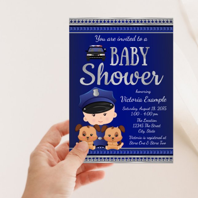 Hundpolisbabyfirande Inbjudningar (Cute blue and silver police and canine puppies baby shower invitation. Simply add your event details)