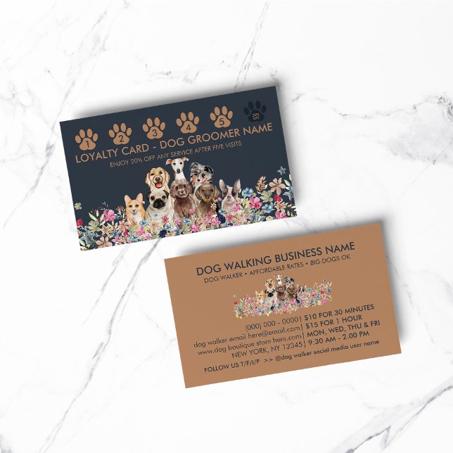 Hundpromenad Groomer Punch Loajalitet Visitkort (pet animal dog cat veterinary farm)