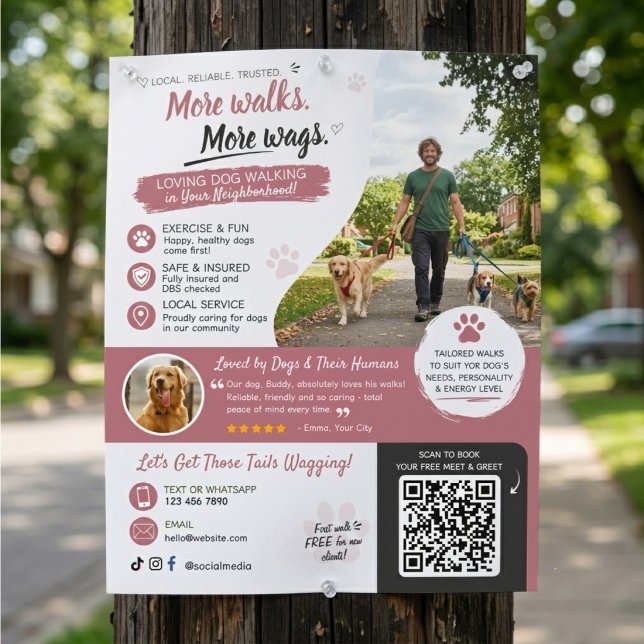 Hundpromenad Husdjur Sittande Affisch QR-kod Flygblad (Dog Walking Pet Sitting Business Flyers QR Code)