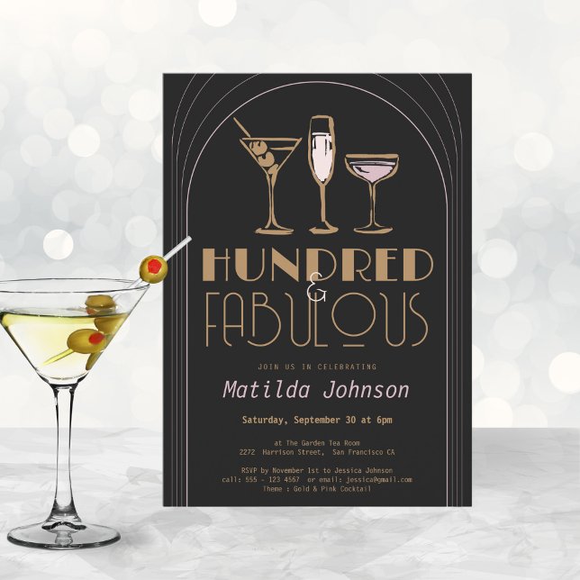 Hundred och Fabulous Cocktail Guld 100:e födelseda Inbjudningar (Mockup View)