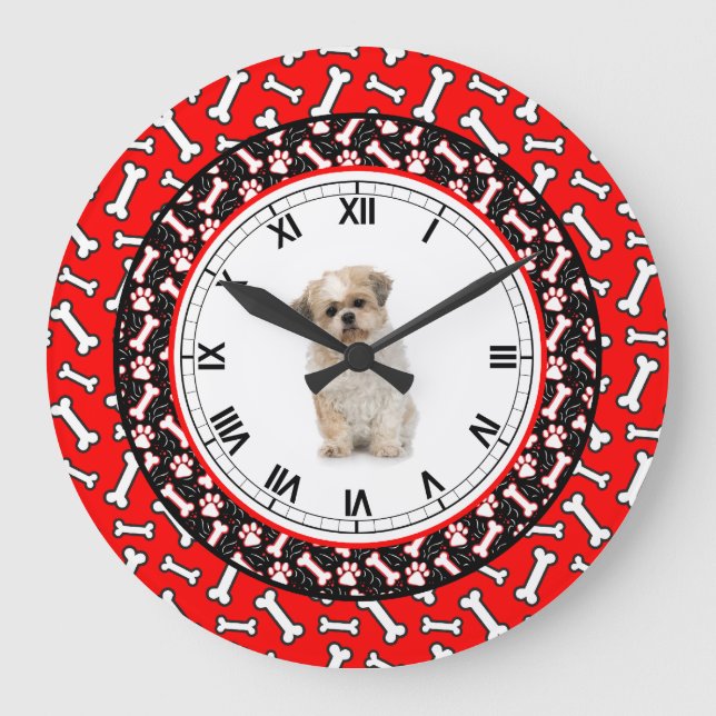 Hund's Porträtt Hund Bone Cute Pooch Ram Stor Klocka (Framsida)