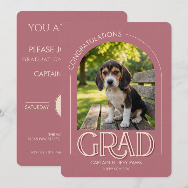 Hundträningsskola Husdjur Foto Rosa Guld Examen Meddelande (Fram/baksida)