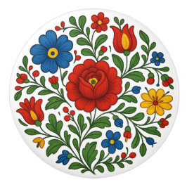 Hungarian Kalocsa Floral Folk Art Ceramic Knob Knopp