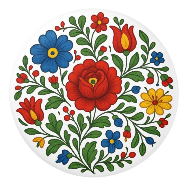 Hungarian Kalocsa Floral Folk Art Ceramic Knob Knopp (Framsidan)