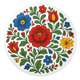 Hungarian Kalocsa Floral Folk Art Ceramic Knob Knopp